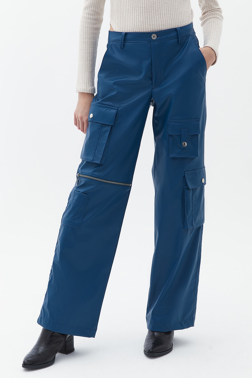 OXXO, Pantaloni de piele ecologica cu buzunare multiple si talie inalta, Albastru, 38