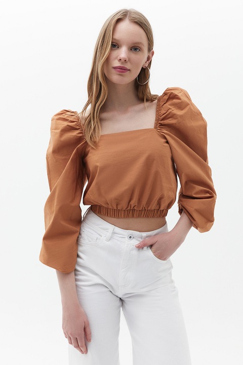 OXXO, Bluza crop cu decolteu patrat si maneci bufante, Maro