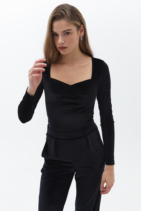 OXXO, Bluza cu decolteu in V si model uni, Negru