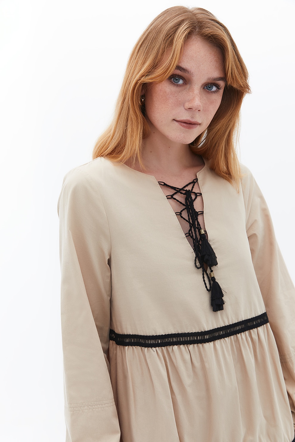 OXXO, Rochie midi evazata de bumbac, Bej, L