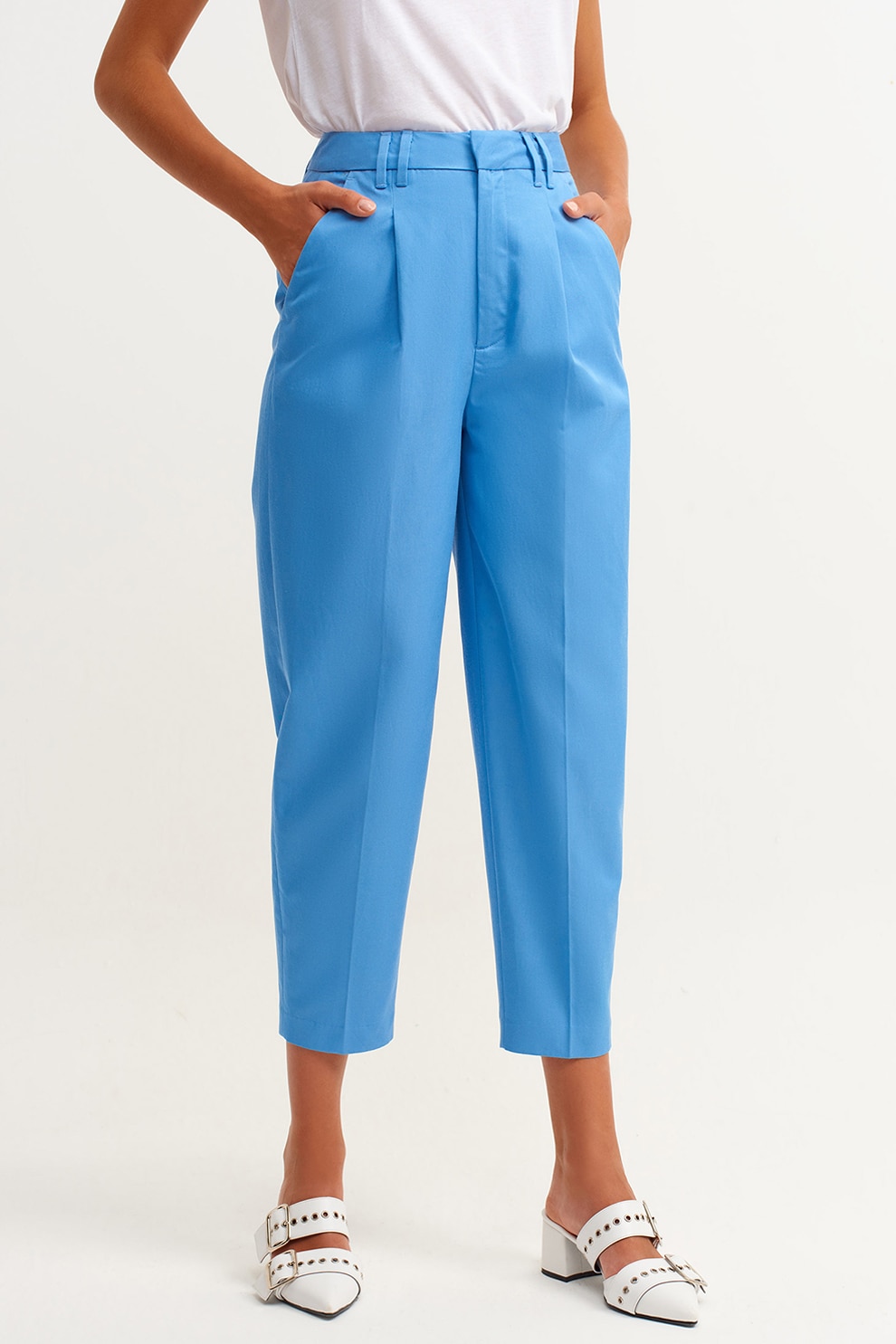 OXXO, Pantaloni crop cu talie inalta, Albastru glaciar, 38