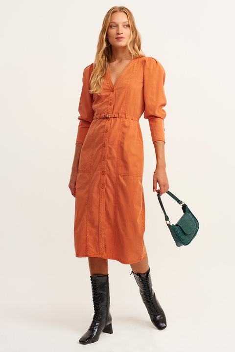 OXXO, Rochie din amestec de lyocell cu maneci bufante, Portocaliu mandarina