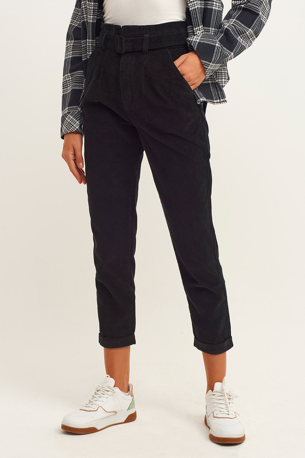 OXXO, Pantaloni crop de reiat cu o curea, Negru, 34