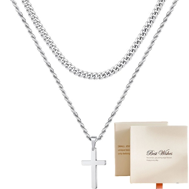 Colier pentru barbati, pandantiv cruce, bijuterie din argint cu doua straturi, pandantiv din otel inoxidabil, 45x60cm, potrivit atat pentru barbati, cat si pentru femei, un cadou ideal