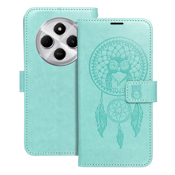 Telefontok Xiaomi Redmi 14C kompatibilis - MEZZO bagoly mintás zöld mágneses szilikon keretes könyvtok