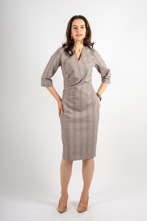 Couture de Marie, Rochie din amestec de lana cu model in carouri Amelie, Negru stins/Maro taupe deschis/Roz