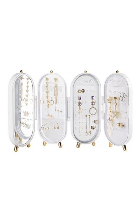 Suport pentru bijuterii deluxe Jewelry Cabinet Doty®, forma de dulapior, oglinda interioara, multiple spatii de depozitare sau expunere, plastic, alb cu auriu, 11, 5x23, 5 x 6, 5 cm