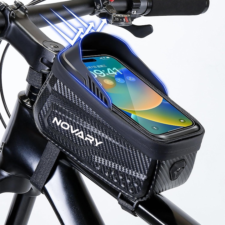 Borseta Bicicleta Impermeabila Novary® - Suport Telefon cu Ecran Tactil, Compartiment Mare, Port pentru Incarcator sau Casti, Montaj pe Cadru, Compatibil cu Telefoane de pana la 6, 8”, Negru