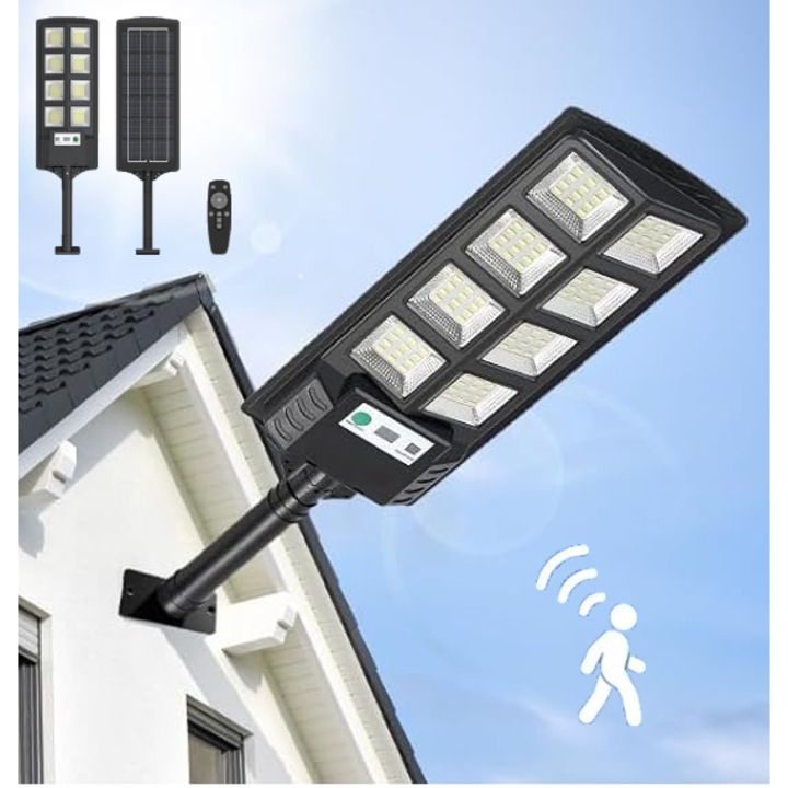 Lampa solara LED, Excitat®, Panou Solar Incorporat, Cu senzor de miscare si telecomanda, 400W/6000K, IP65