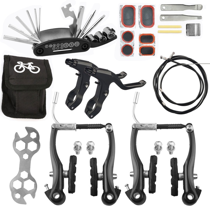 Комплект за ремонт на велосипеди, 6 лепящи листа, 5 аксесоара за повдигане на гуми, чанта за съхранение, 2 черни V-образни спирачки, 2 спирачни лоста