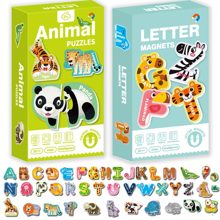 Set de Magneti Educationali 2 in 1: 26 Litere + 16 Animale, Material Carton si Magneti, Multicolor – Puzzle Magnetic pentru Copii 3-6 Ani, Ideal pentru Invatare Timpurata