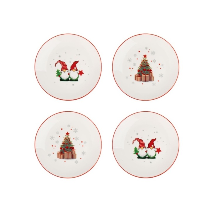 Set 4 farfurii de Craciun cu gnomi si bradulet, ambalate in cutie metalica rotunda, multicolor, Dolik, Ø 19 cm