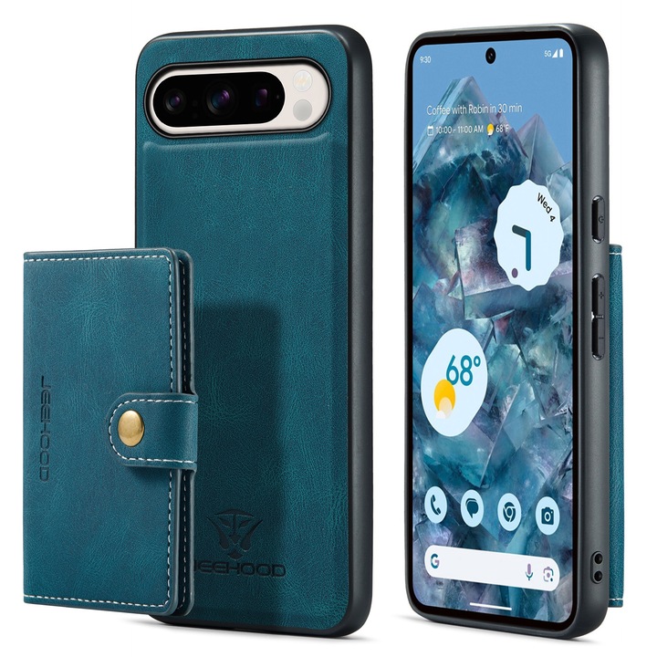 Husa pentru Google Pixel 9, Pixel 9 Pro, piele cu textura moale, back cover, mini portofel detasabil, CaseMe, Albastru