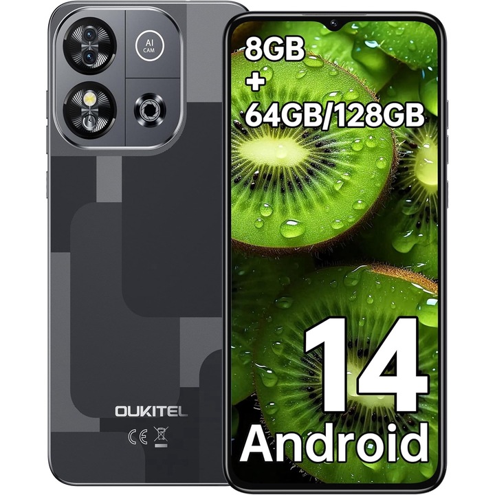 Мобилен телефон OUKITEL C57S, Android 14, 8GB+64GB, 6,52 инча екран, 4300mAh батерия, 13MP, две SIM карти 4G, черен