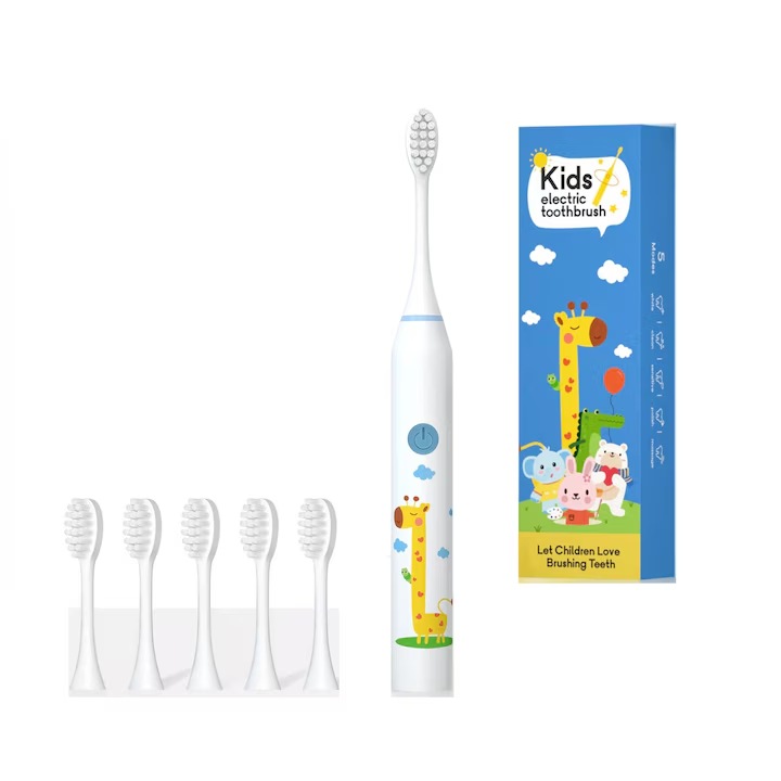 Elektromos fogkefe, gyerekeknek, hat kefefejjel, újratölthető, fehér
