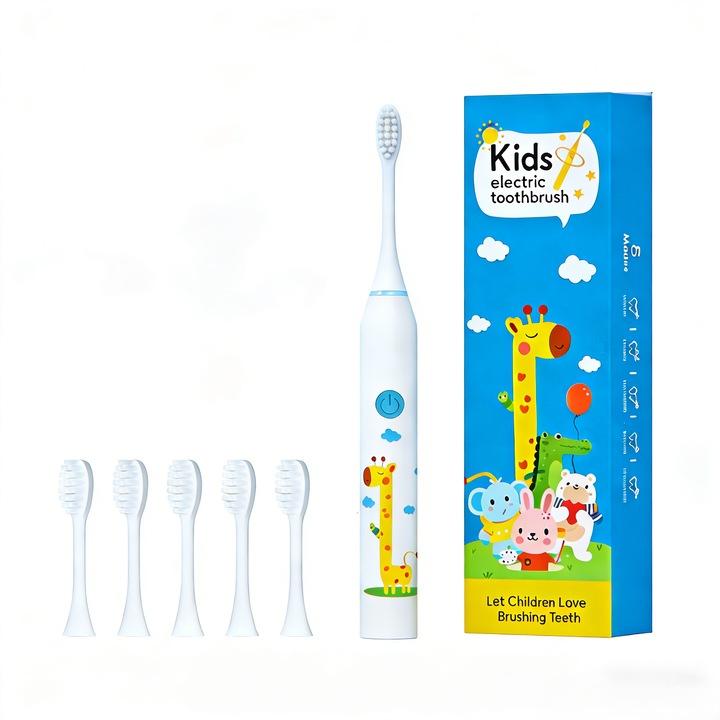 Periuta de dinti electrica, pentru copii, cu sase capete de perie, reincarcabila, alba