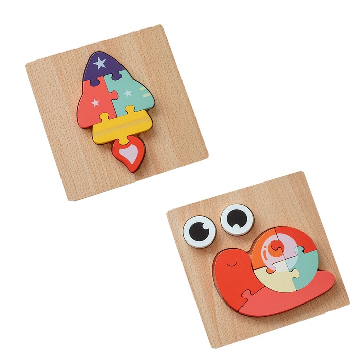 Дървен пъзел 2 части охлюв и ракета 15х15х1.3см за деца над 3 години комплект