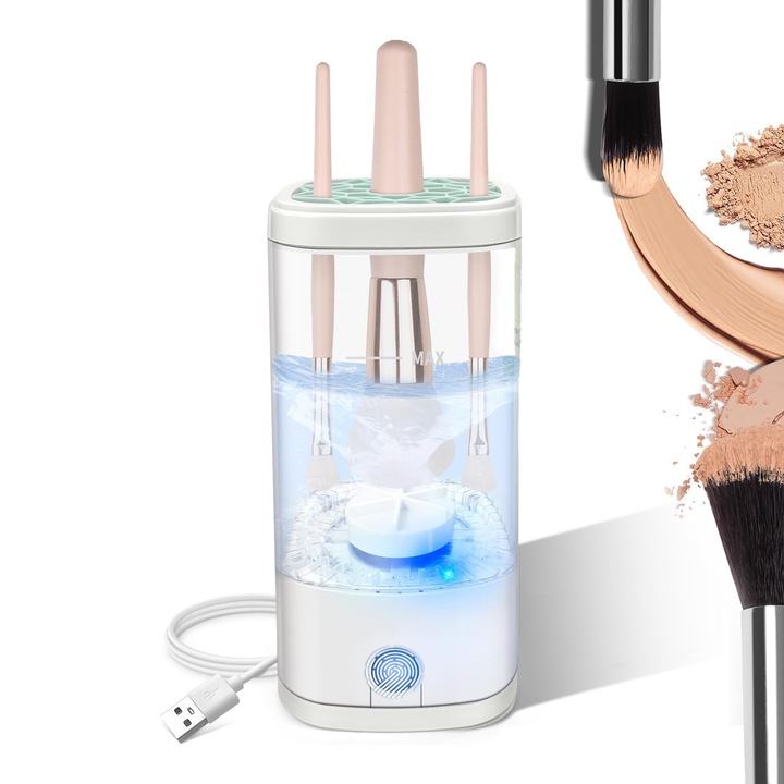 Aparat curatat pensule machiaj, curatare ultrasonica, cu functie de sterilizare UV si uscare rapida, 6500 RPM, conectare USB, curatare profesionala, uscare eficienta, potrivit si pentru pensule groase, compact si portabil, alb cu gri Inchis