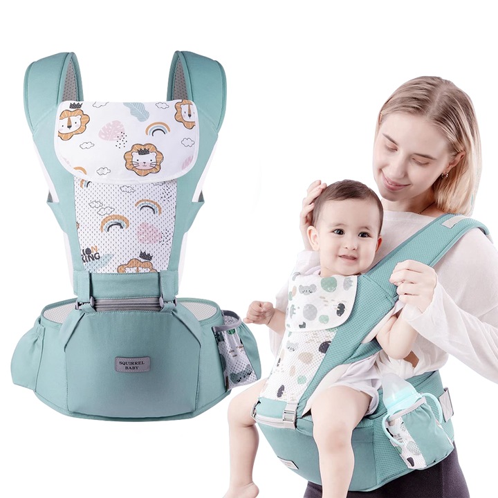 Marsupiu ergonomic cu scaunel, port-bebe, 100% bumbac, 3 pozitii de purtare, curele reglabile, cu buzunare de depozitare, max 20 Kg, pentru bebelusi 0-36 luni, verde