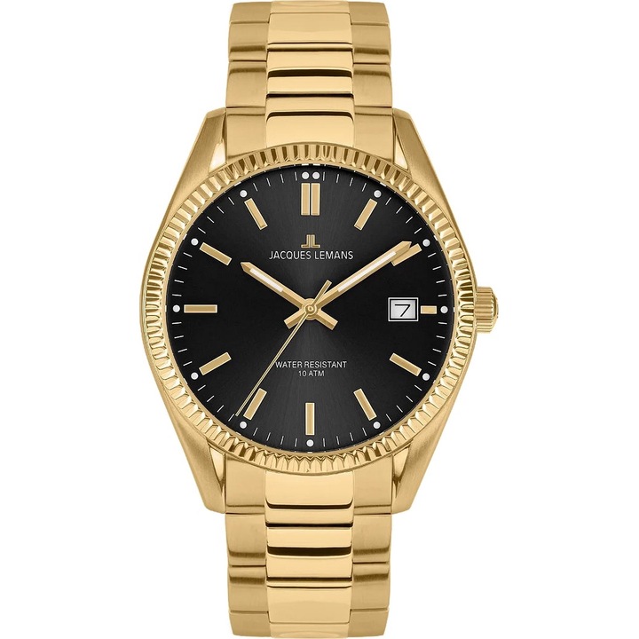 Ceas Jacques Lemans Derby, mecanism quartz Swiss Made, auriu/negru, 10 ATM
