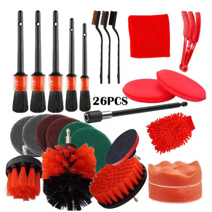 Set de perii pentru curatarea masinii, 26 piese, rosu, accesorii pentru interior/exterior