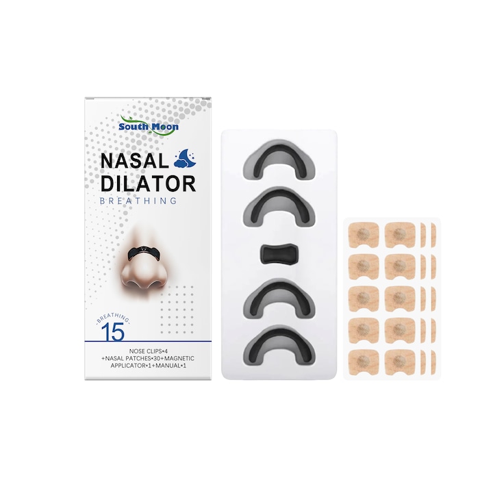 Kit de benzi nazale Breathing Nasal Strip, 15 bucati, negru, sistem de dilatare nazala, reduce sforaitul, imbunatateste calitatea somnului