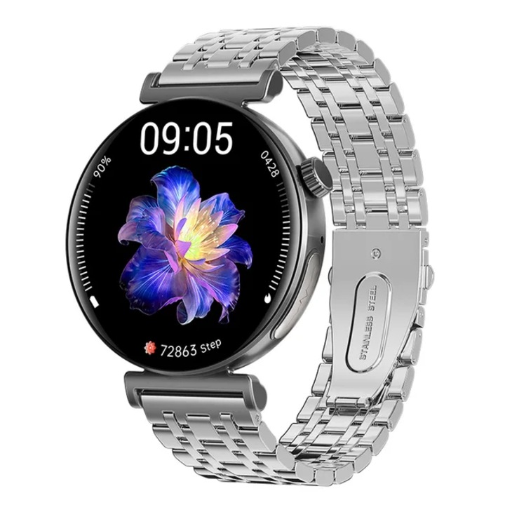 Smartwatch dama SMART JA02, glucoza din sange, colesterol, tensiune arteriala, acid uric, saturatie, temperatura corporala, ritm cardiac, apeluri, argintiu/negru