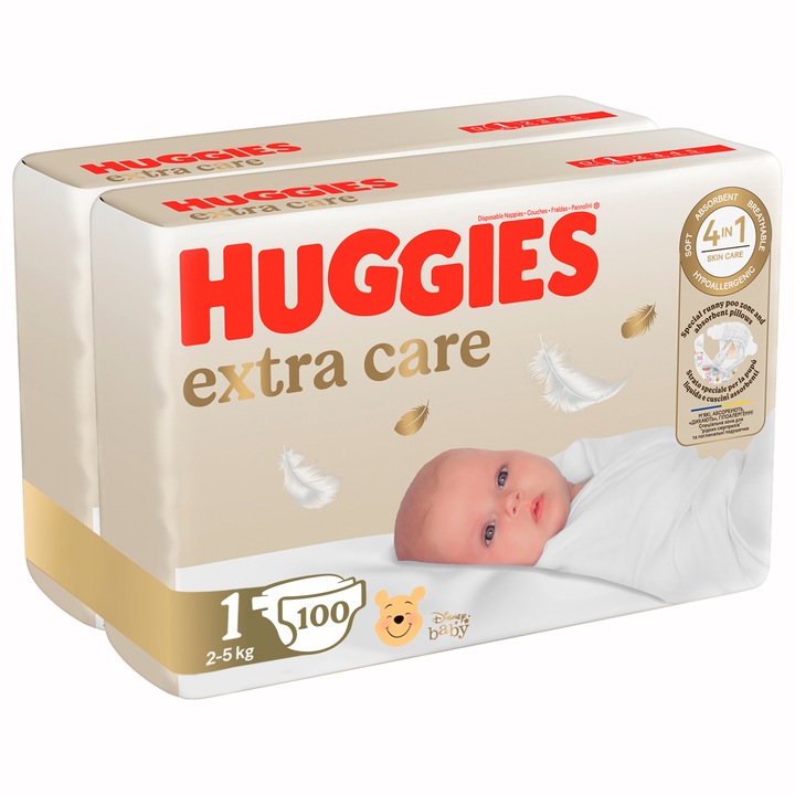 Пелени Huggies Extra Care 1 Jumbo, 2-5 кг, 100 броя