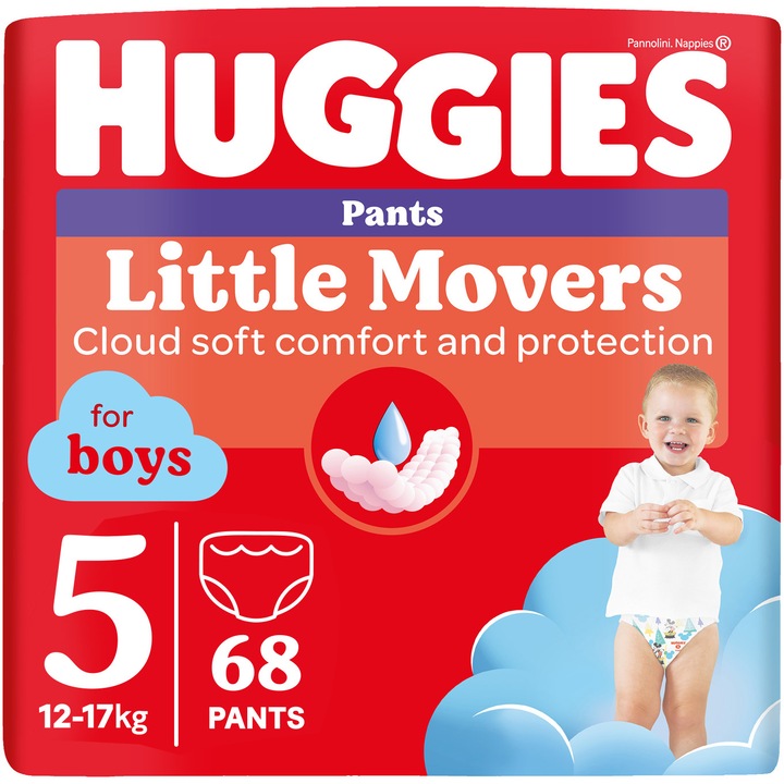 Пелени-гащички Huggies Little Movers 5, Boy, 12-17 кг, 68 броя