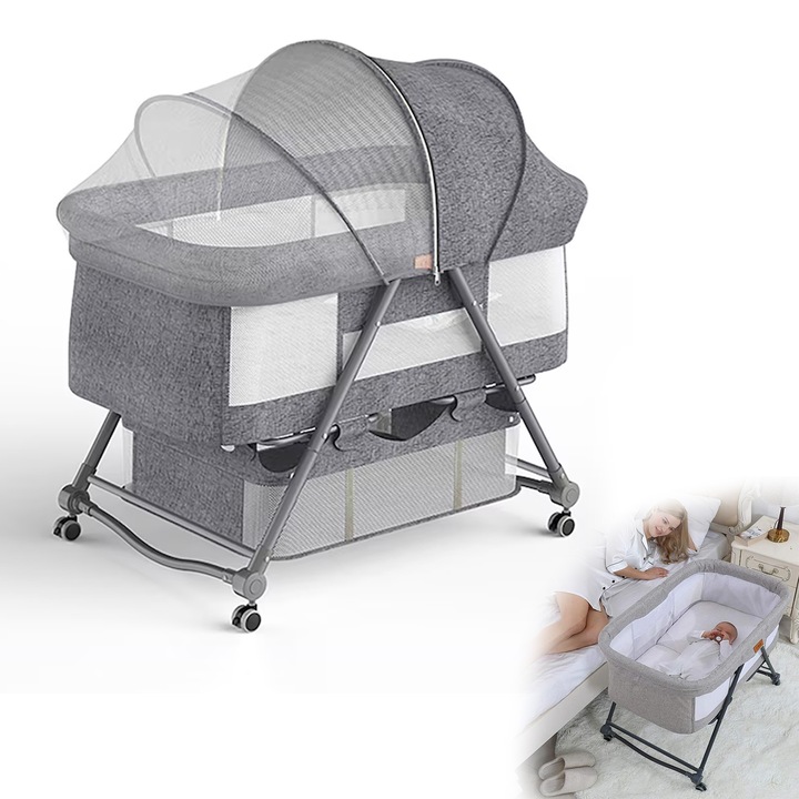 Сгъваема бебешка кошара Morovan, с място за съхранение и защитна мрежа, многофункционална, лесна за транспортиране, заключваща система, сгъваема, сива, за деца от 0 до 12 месеца