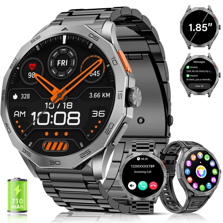 Смарт часовник, Hwagol, модел DA03, 1,85-инчов екран, Bluetooth разговори, крачкомер, фитнес тракер, режим на упражнения, проследяване на съня, монитор на кръвното налягане