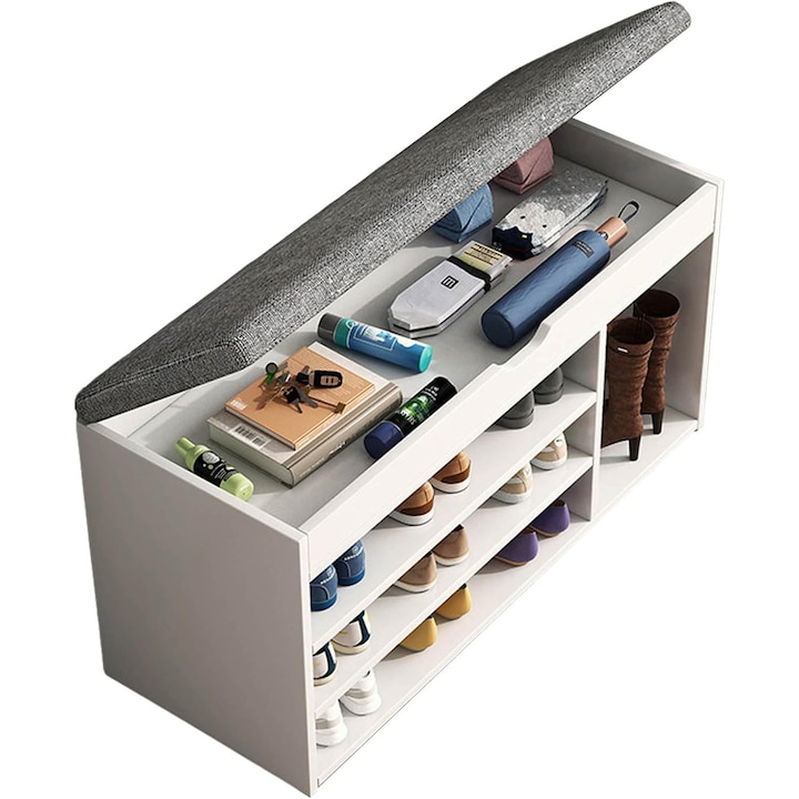 Pantofar tip bancuta tapitata, Morovan, Banca Depozitare Incaltaminte cu raft pentru cizme, 4 niveluri, dulap de depozitare, perna, raft pentru pantofi, MDF/Poliester, sarcina 330 kg, 80x30x51 cm, Alb