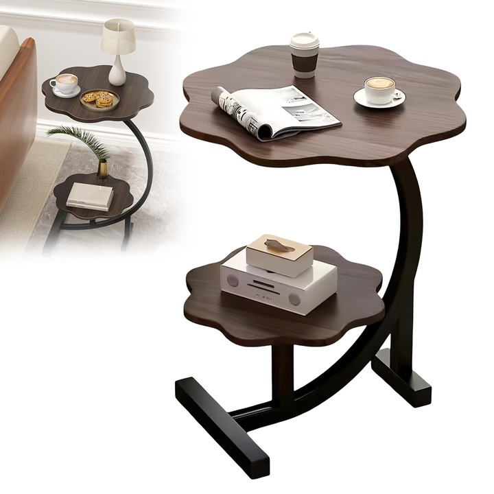 Masuta de Cafea, Wacorresi, Masuta Laterala cu 2 nivele de blaturi, design moderna, Compact si flexibil, ideal pentru camere de zi, dormitoare, birouri si noptiera, 40 x 30 x 62 cm, lemn si otel, maro/negru