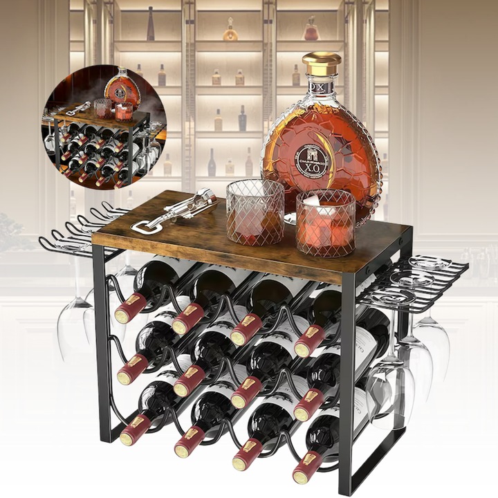 Suport sticle de vin, Morovan, Raft pentru vin cu 3 Nivele, Design Vintage, pentru 12 sticle si 6 pahare, metal negru si lemn, 62.5x21.2x41 cm, Negru