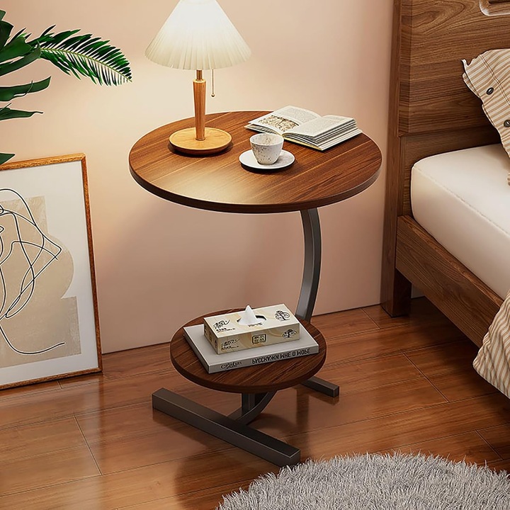 Masa laterala 2 niveluri, Morovan, design C, lemn, metal, 30x40x62cm, culoare maro