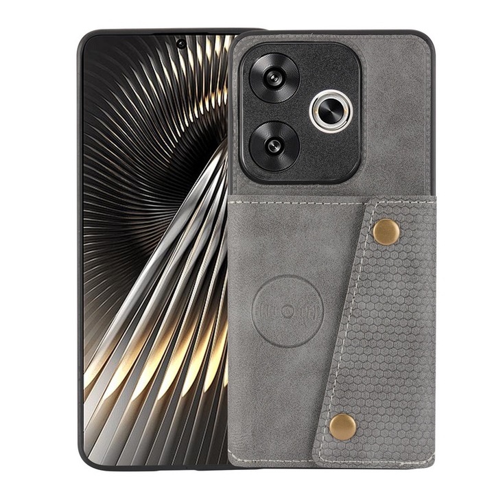 Xiaomi Redmi Note 13 Pro 5G-vel kompatibilis pénztárca tok – Retro bőr borítás cipzárral, képernyővédővel és kártyatartóval, szürke
