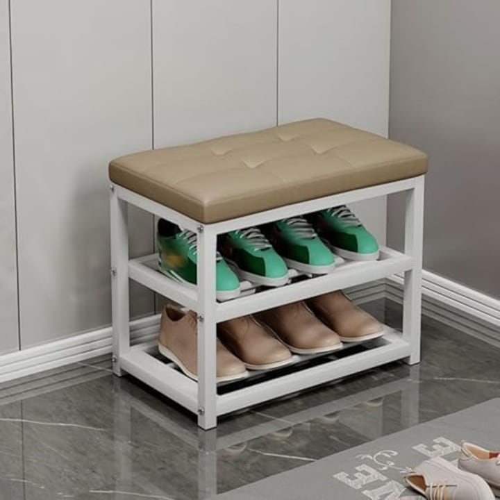 Пейка за съхранение с подплатена седалка и метален рафт, 3-етажен шкаф за обувки, естествено бежово, 50x45x30 см