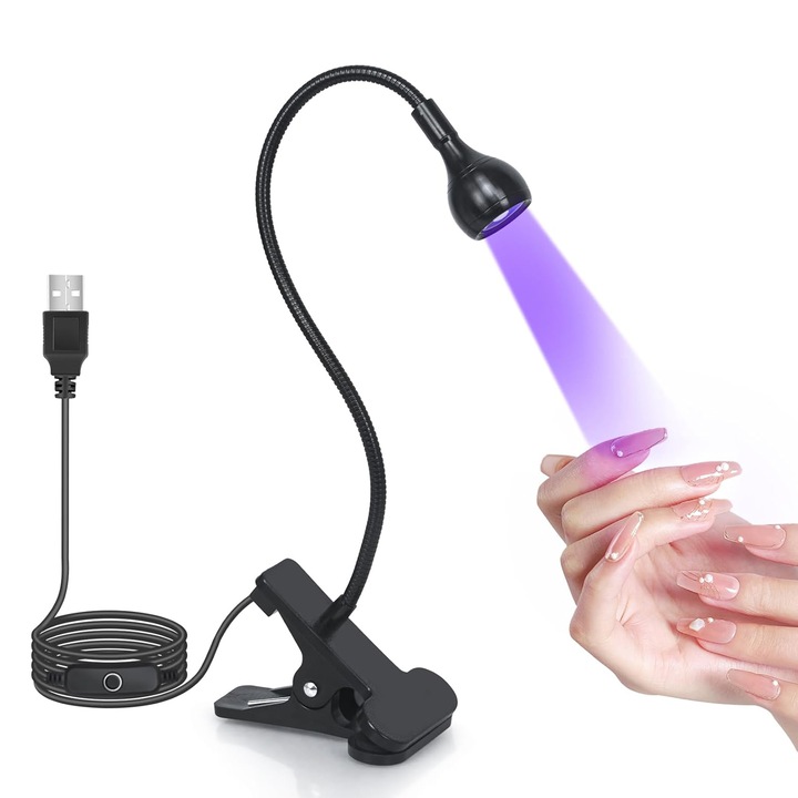 Lampa UV/LED mini Fast Lamp, Uscare rapida si fara maini negre, pentru manichiura si pedichiura,360°unghi liber reglabil,1,5 metri cu buton ON/OFF, Negru