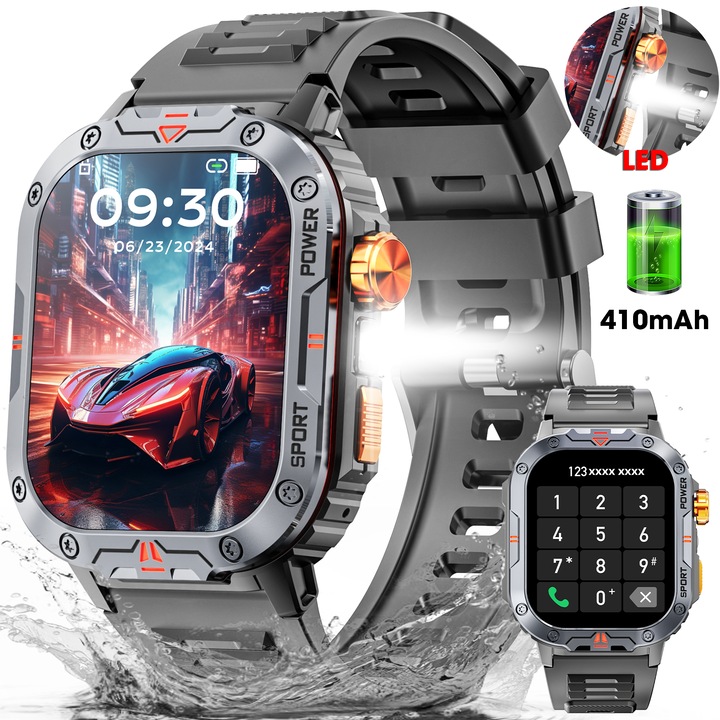 Смарт часовник, Jiesuo, модел NX20, 2,01-инчов екран с висока разделителна способност, външно фенерче, Bluetooth разговор, фитнес тракер, спортен режим, тракер за сън, интелигентно известяване, пулс, водоустойчив, унисекс, черен