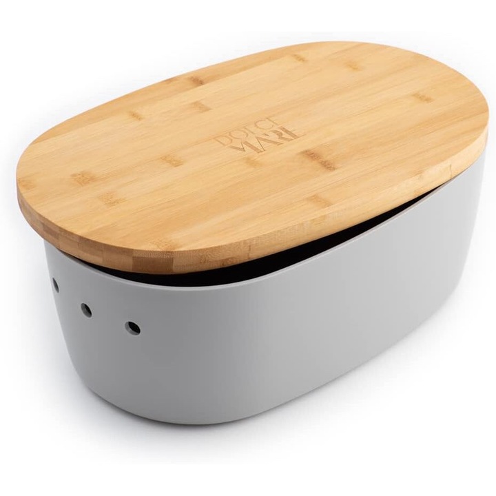 Polipropilén kenyérdoboz bambusz tetővel, aprító, DOLCE MARE, 38,1x25,4x15,2 cm, téglalap alakú, szürke