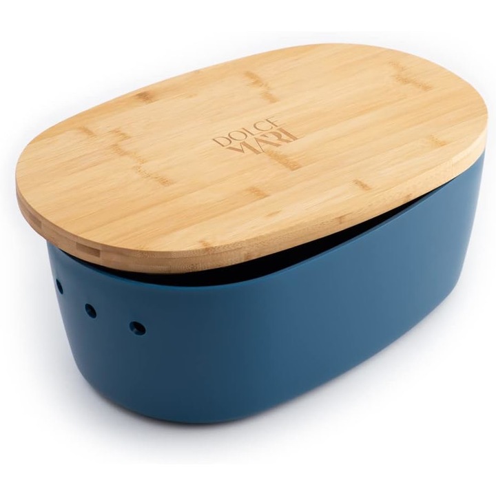Polipropilén kenyérdoboz bambusz tetővel, aprító, DOLCE MARE, 38,1x25,4x15,2 cm, téglalap alakú, kék