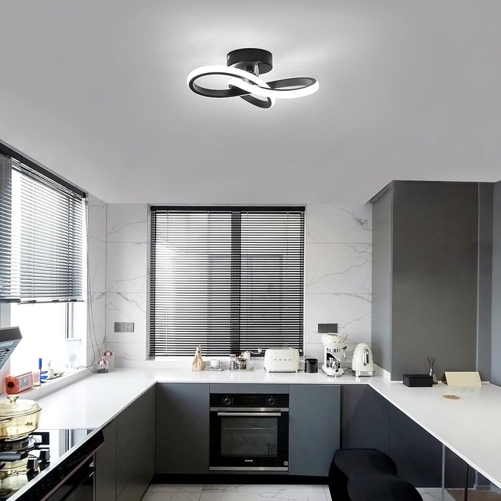 Candelabru LED, Toolight, Aluminiu, 22W, Lumina alb 6500K, 1800LM, Diametru 24 CM, trifoi in stil european, plafoniera Pentru Dormitor, Baie, Bucatarie, Coridor, Balcon, Negru