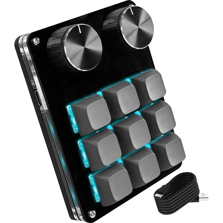 Tastatura macro DIY, programabila, mini tastatura mecanica, poate seta combinatii personalizate de butoane de joc si software, cu 9 taste si 2 butoane, conexiune USB, personalizate, Negru si gri