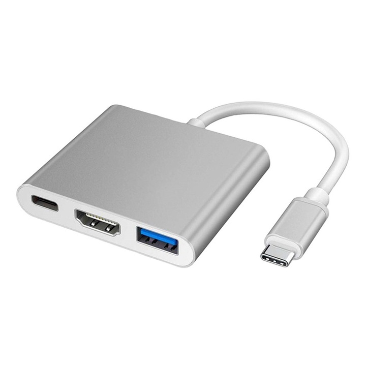 Adaptor Multiport 3 in 1 VarioShop®, USB-C, USB 3.1, HDMI 4K, Plug&Play, 10 Gbps, Hub pentru Laptop, MacBook, Chromebook, Tableta, Portabil, din Aluminiu, Cablu 13 cm, Gri