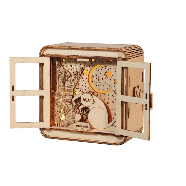 Music Park дървена нощна лампа за котки, 52 части, USB, дърво