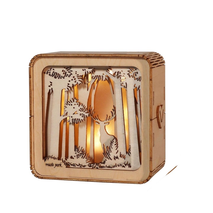 3D fa éjszakai lámpa, Music Park, szarvas minta, 41 db, fa, 3,7x1,96x3,7 hüvelyk