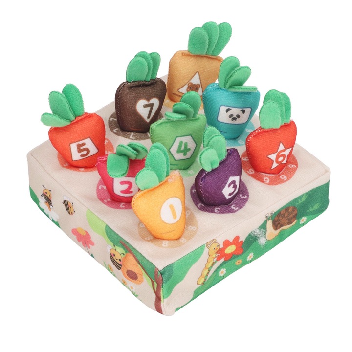 Jucarie interactiva Fokelyi, set 9 morcovi colorati, material plus, 4x10cm, pentru copii 1-6 ani