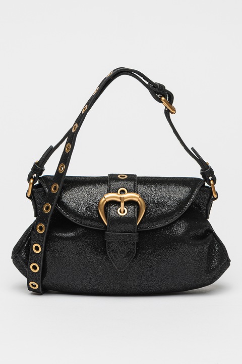 Pinko, Geanta de piele cu bareta de umar si aspect stralucitor Jolene, Negru