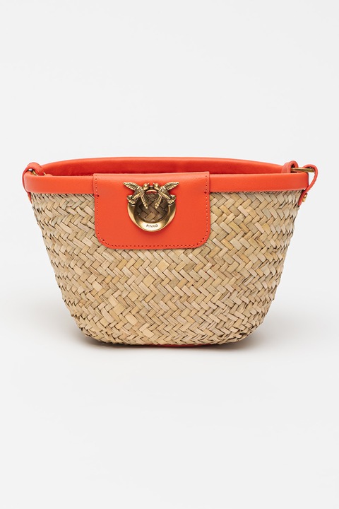 Pinko, Geanta bucket tesuta cu garnituri de piele, Corai, Bej