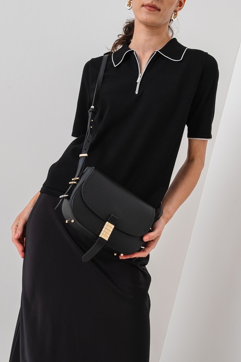 Pinko, Кожена чанта за рамо Saddle Mini с капаче, Черен